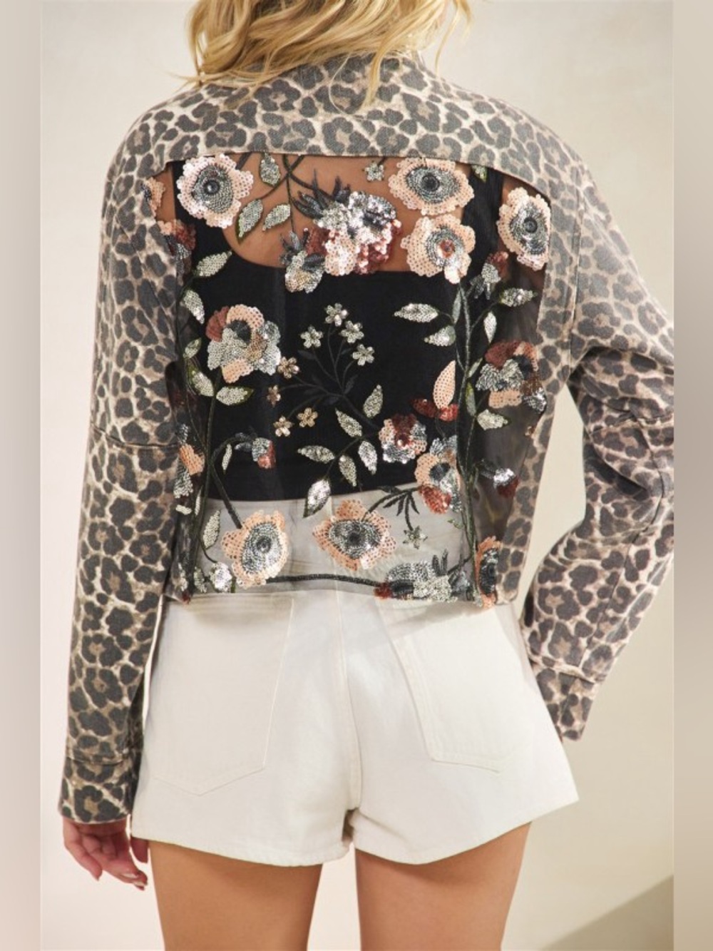 Floral sequin embellished western leopard patchwork floral jean jacket coat